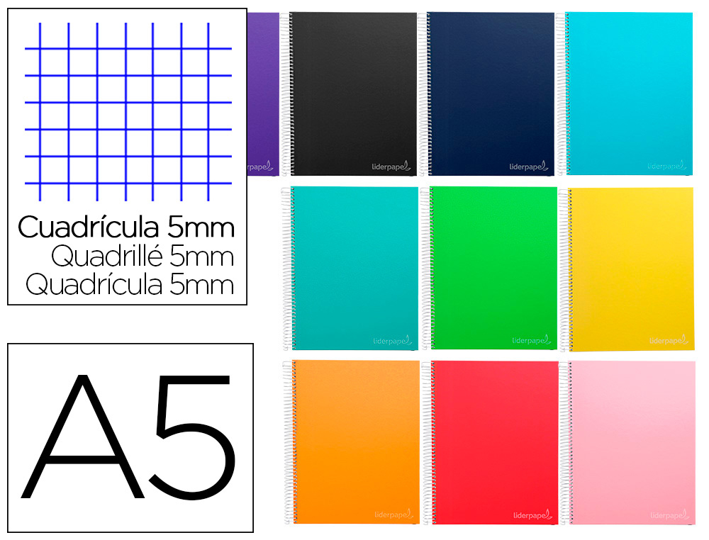 CUADERNO ESPIRAL LIDERPAPEL A5 MICRO JOLLY TAPA FORRADA 140H 75GR CUADRO 5MM 5 BANDAS 6 TALADROS COLORES SURTIDOS