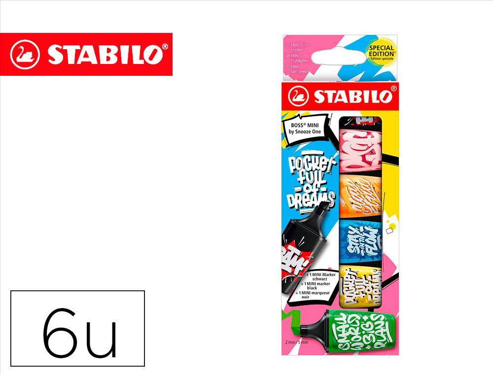 ROTULADOR STABILO BOSS MINI FLUORESCENTE BY SNOOZE ONE ESTUCHE DE 6 UNIDADES COLORES SURTIDOS