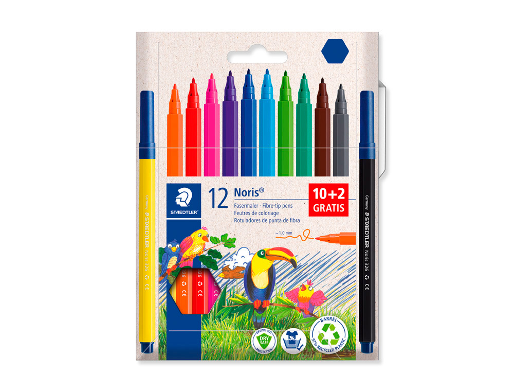 ROTULADOR STAEDTLER NORIS 326 PUNTA DE FIBRA NUEVO CUERPO HEXAGONAL CAJA DE 10 UNIDADES COLORES SURTIDOS