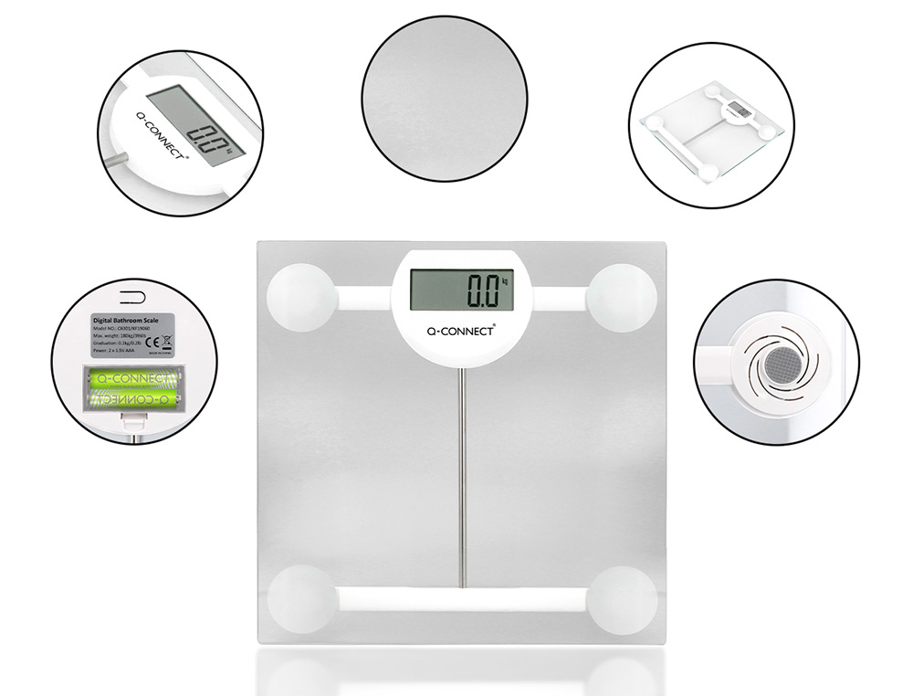 BASCULA BAO Q-CONNECT DIGITAL CON PANTALLA LCD PRECISION 100 GR CAPACIDAD DE 5 KG A 180 KG 300X300X22MM