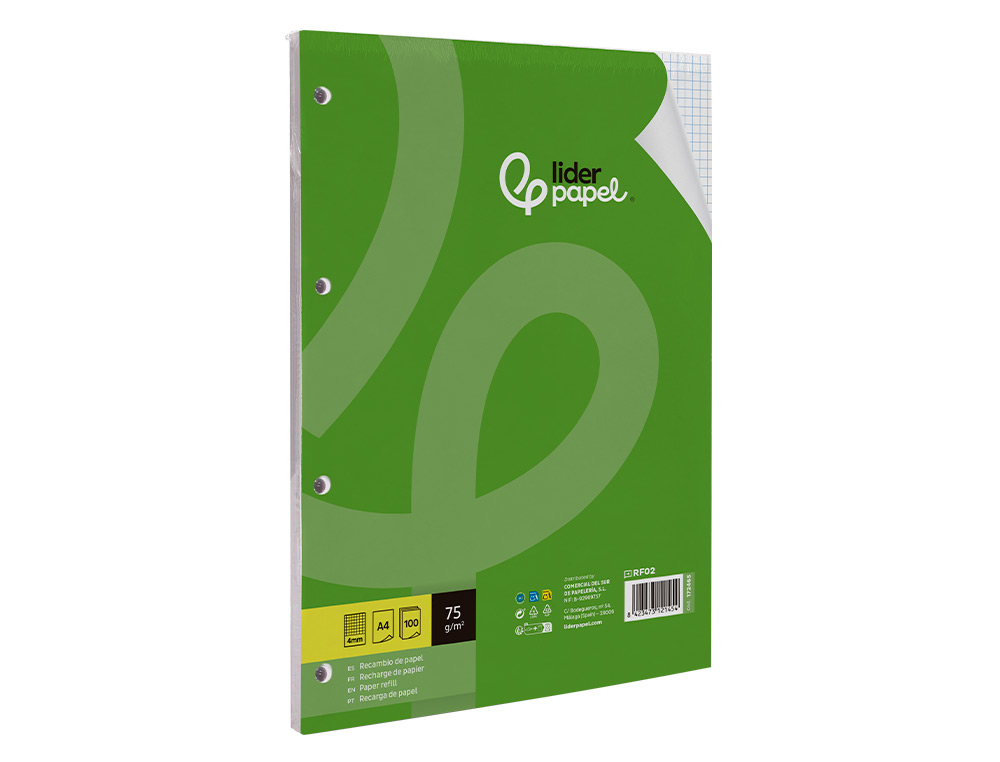RECAMBIO LIDERPAPEL A4 100 HOJAS 75GR CUADRO 4MM CON MARGEN SIN TALADROS