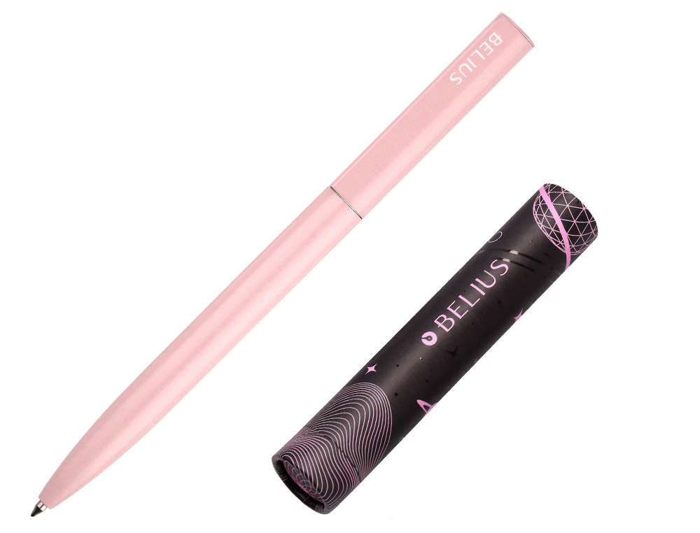 BOLIGRAFO BELIUS ROCKET B ALUMINIO COLOR MINIMALISTA ROSA TINTA AZUL CAJA CILINDRICA